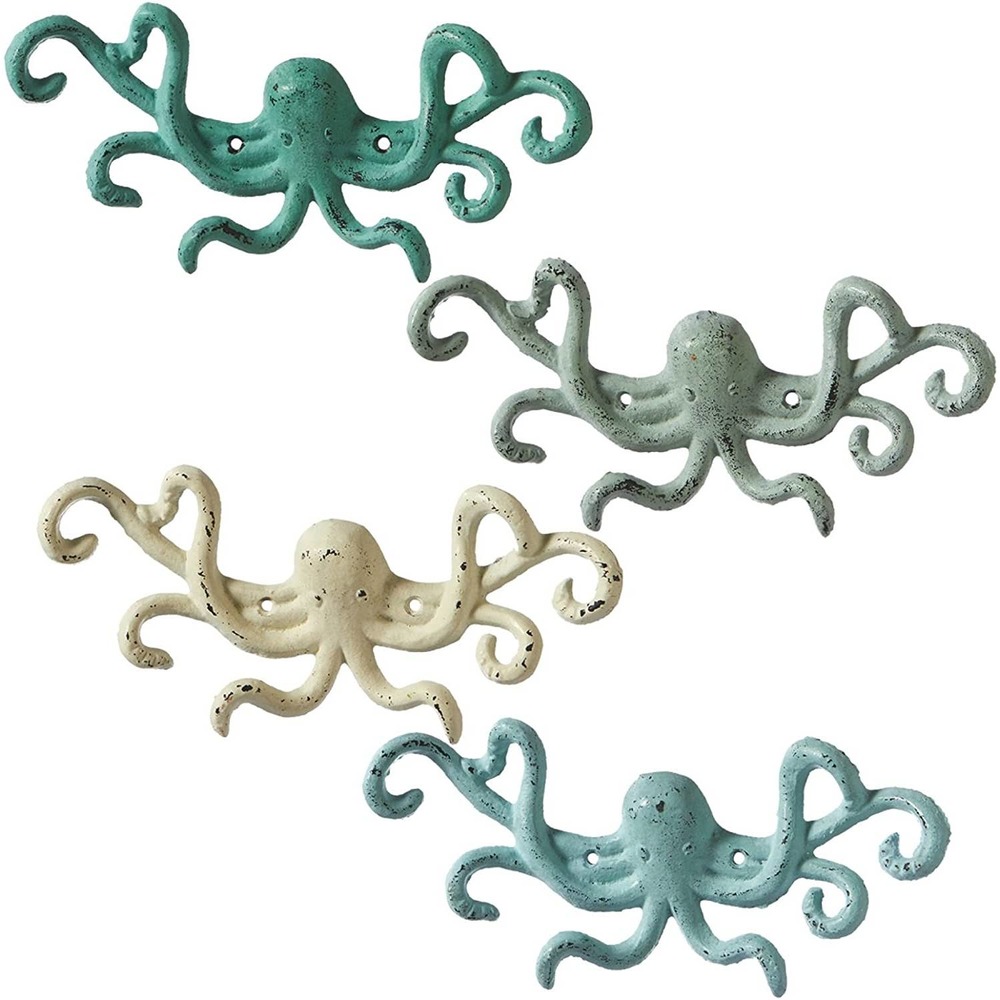 Octopus Wall Hooks Set of 4 Painted Cast Iron